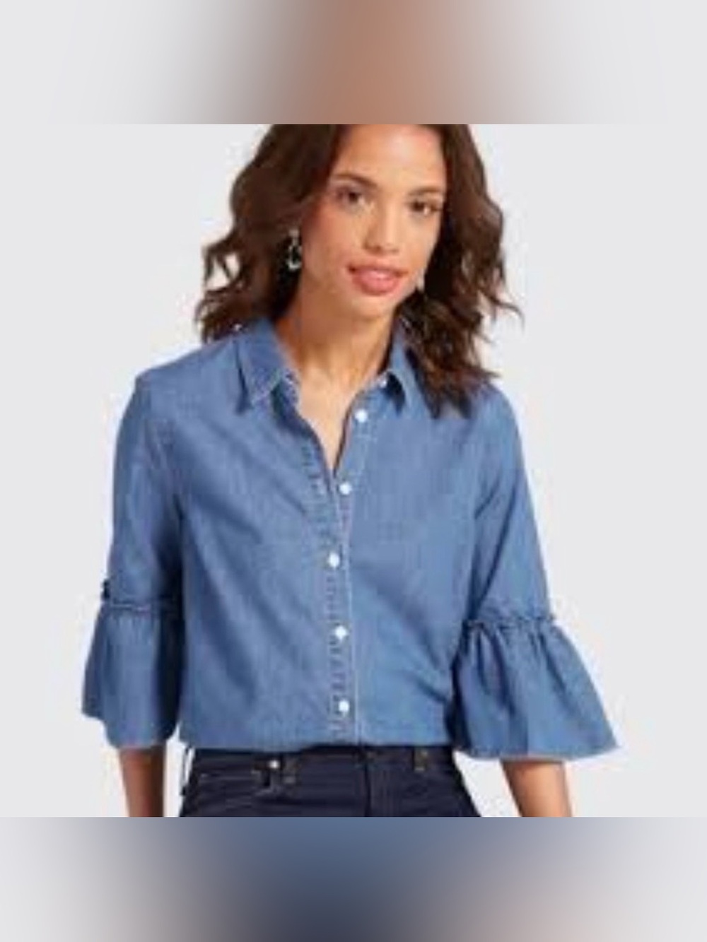 Draper James | Blue Chambray Button-Down Top with Ruffle Sleeves